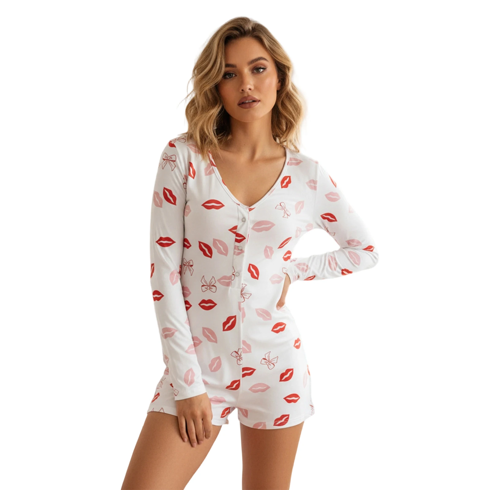 

Womens Valentines Romper Fit Lips Bow Love Heart Print Button V Neck Long Sleeve Jumpsuit
