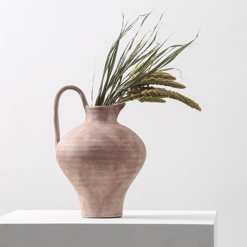 

Modern minimalist, retro, nostalgic, antique style, pink ceramic vase, large living room, flower arrangement, sample room