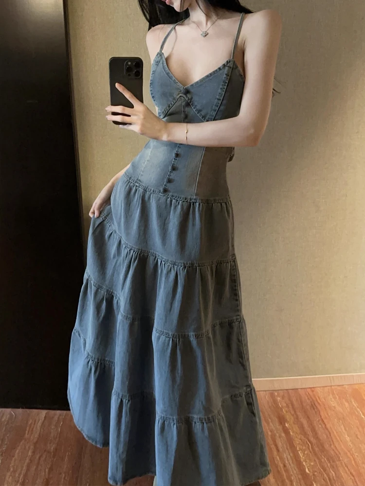 Frauen Kleidung Retro Y2K Denim Sexy Strap V-ausschnitt Backless Schlank Abendkleid Elegante Party Geburtstag Vestidos Robe Urlaub Casual