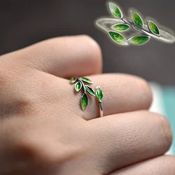 New Fashion Green Color Branch Leaf Opening Adjustable Ring Ladies Retro Trend Creative Exquisite Personality Jewelry Gift