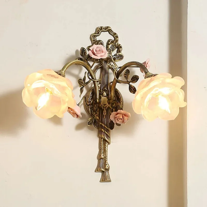 French Retro Bedroom Copper Wall Lamp Medieval Style Living Room Pastoral Palace Style Ceramic Flower Background Lighting