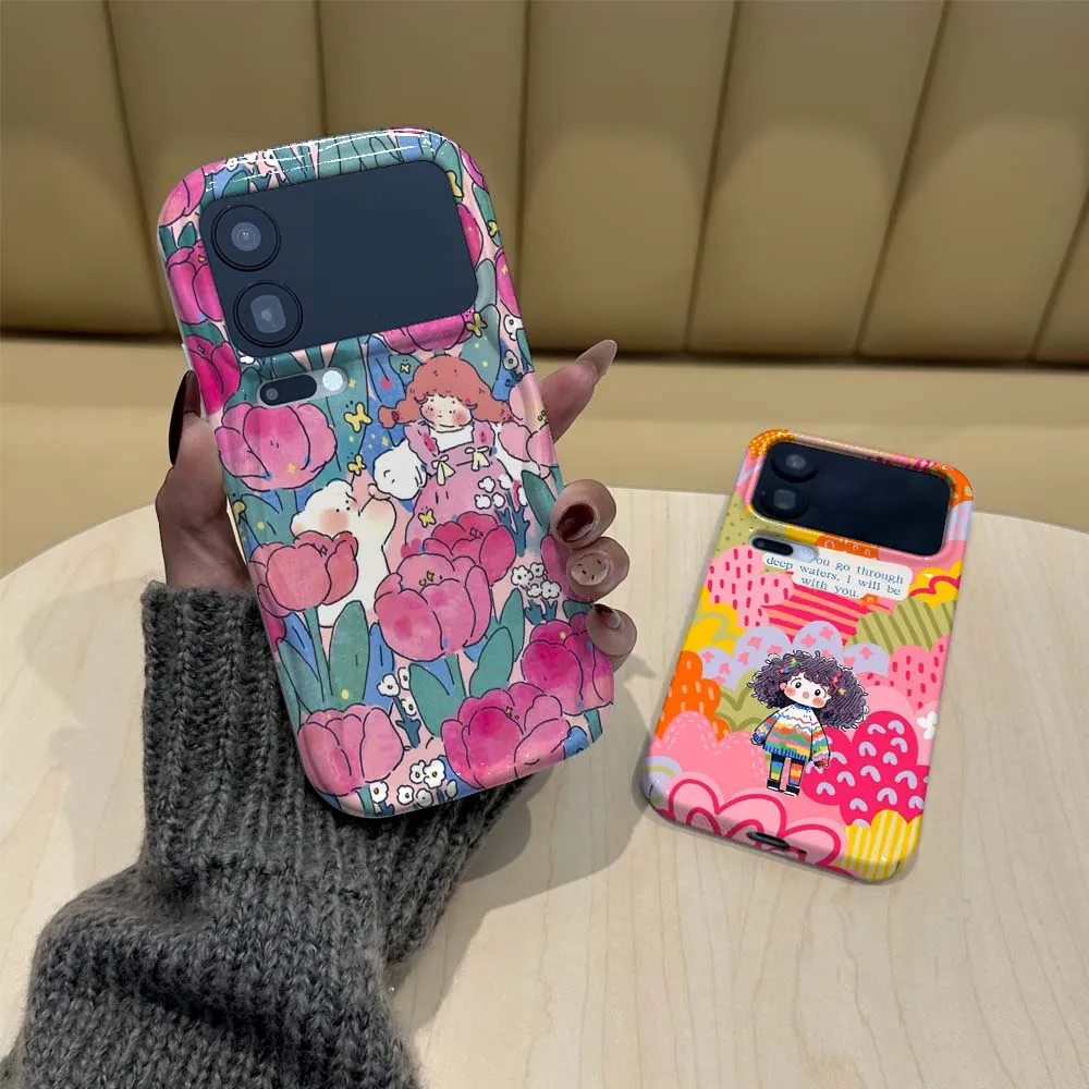 

Cartoon Tulip Girl Rabbit Phone Case For Redmi Note 11 11S 11T 12 12S 12T 13 14 15 SE Pro Plus Speed 5G Wave Oil Film