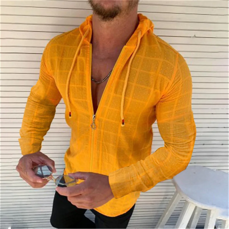 Camisa informal ajustada de manga larga para hombre, cárdigan con capucha y cremallera, talla grande, gran oferta, 2024