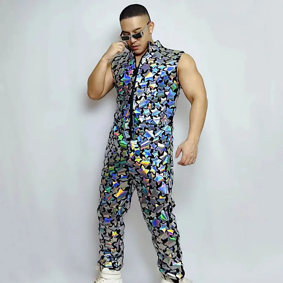 

Мужской комбинезон для выступлений в стиле хип-хоп, джаз, танцевальная команда, серебряный комбинезон без рукавов с лазерными блестками, карнавальный костюм для рейв-клуба, вечерние шоу