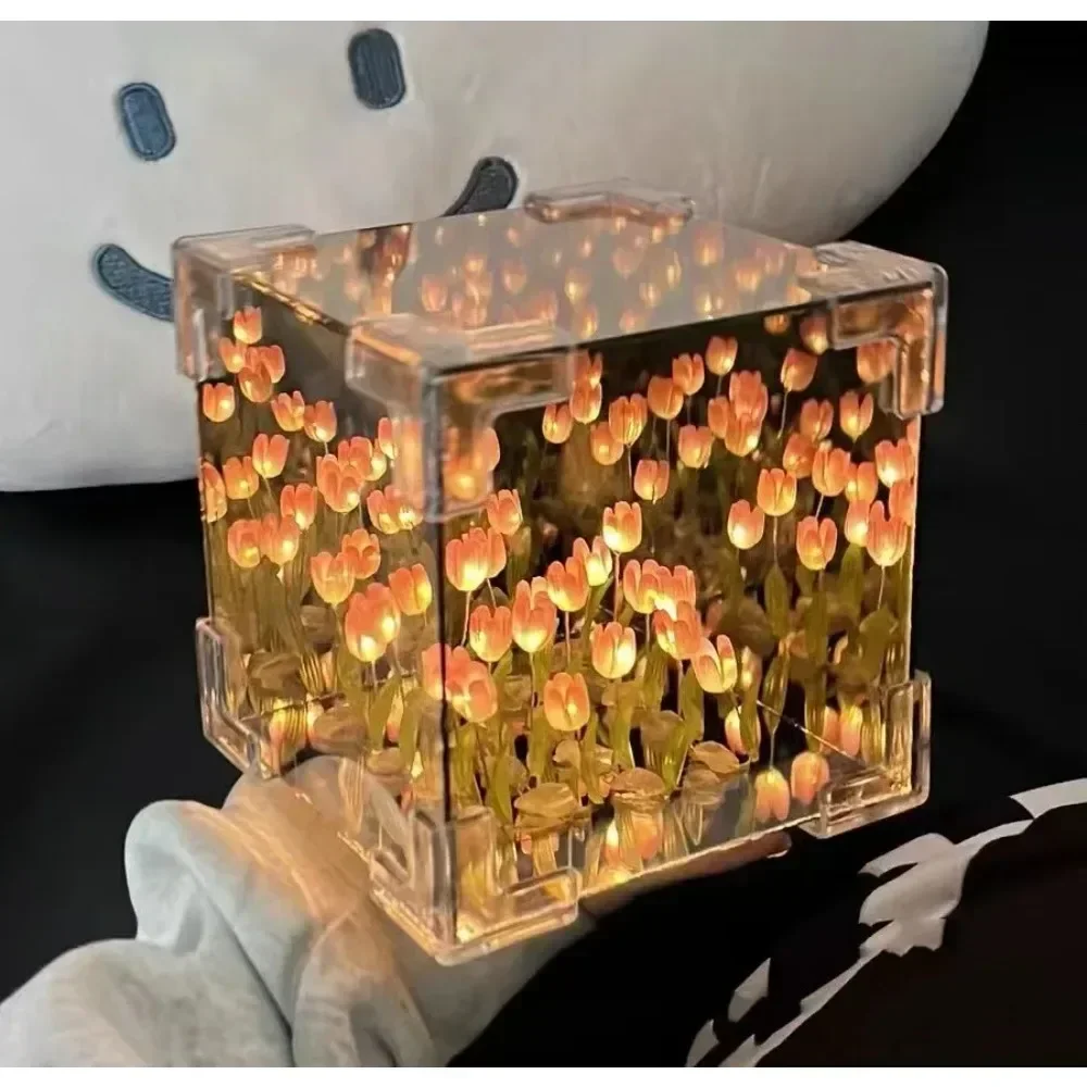 

Creative Diy Tulip Flower Sea Cube Three-Dimensional Small Night Lamp Material Package for Girlfriend Couple Girlfriends