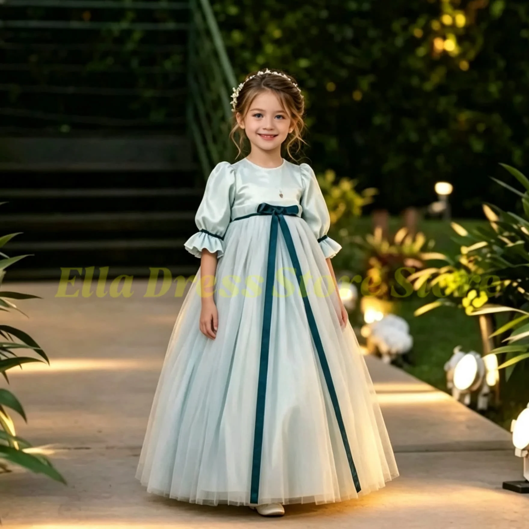 Elegante Maßgeschneiderte Mädchenkleider mit Hoher Taille und Puffärmeln, Bodenlange Blumenmädchenkleider für Hochzeiten und Kindergeburtstage im Großhandel – Detail 3