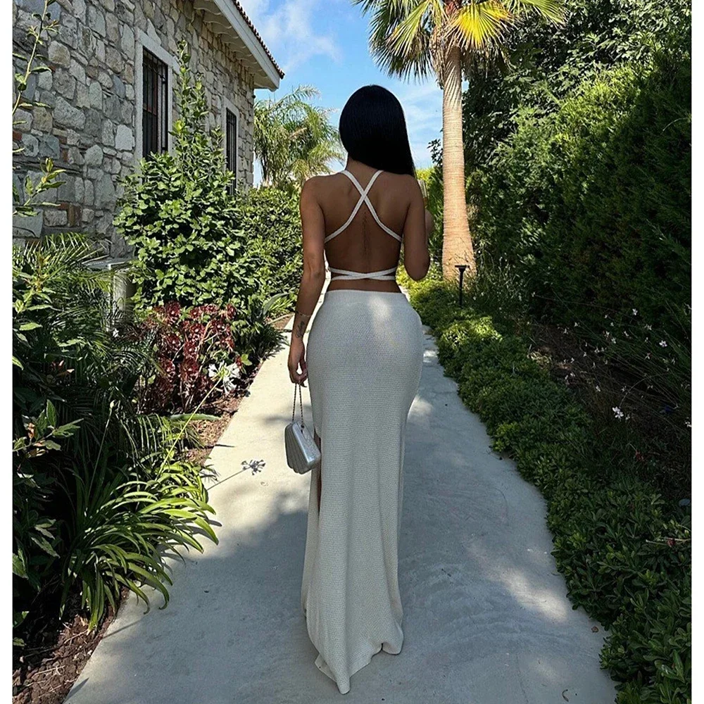 Damski zestaw: dziergana spódniczka i top na plażę, seksowny mini top z rozcięciem i długa spódnica, letnia ażurowa odzież plażowa, sukienka na imprezę, 2025