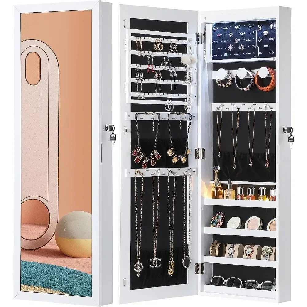 6 LEDs Mirror Jewelry Cabinet, Large Lockable Jewelry Armoire Organizer, Door or Wall Mounted Mirror with Jewelry Storage