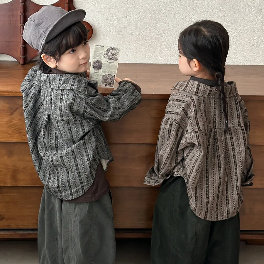 

2025 Autumn New Kids Striped Long Sleeve Shirt Boys Girls Baby Retro Blouse Cotton Comfortable Breathable Casual Toddler Coat