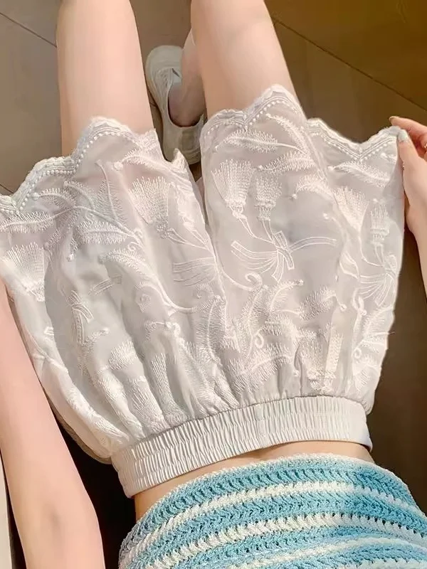 

Белые кружевные брюки с вышивкой для женщин, весенне-летние, с высокой талией, утягивающие, повседневные, не просвечивающие, А-силуэт, широкие штанины