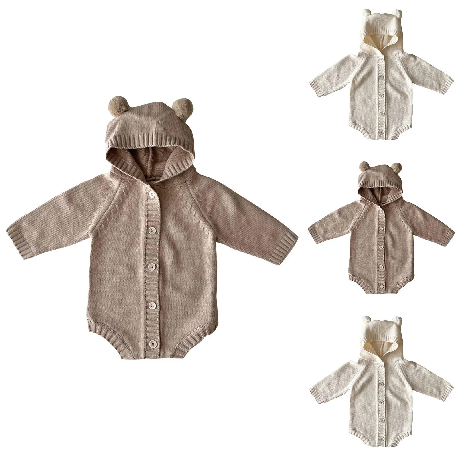 Baby Hoodie Teddy Bear Shaped Children's Knitted Sweater Baby Jumpsuit Crawling Suit Baby Girl Outfits 6-9 Months