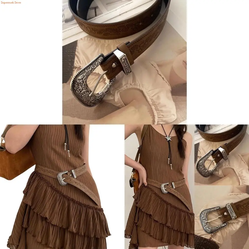 Q5WE Teens Man PU Cowboy Belt with Embossed Pattern Adjustable Waist Belt for Trouser