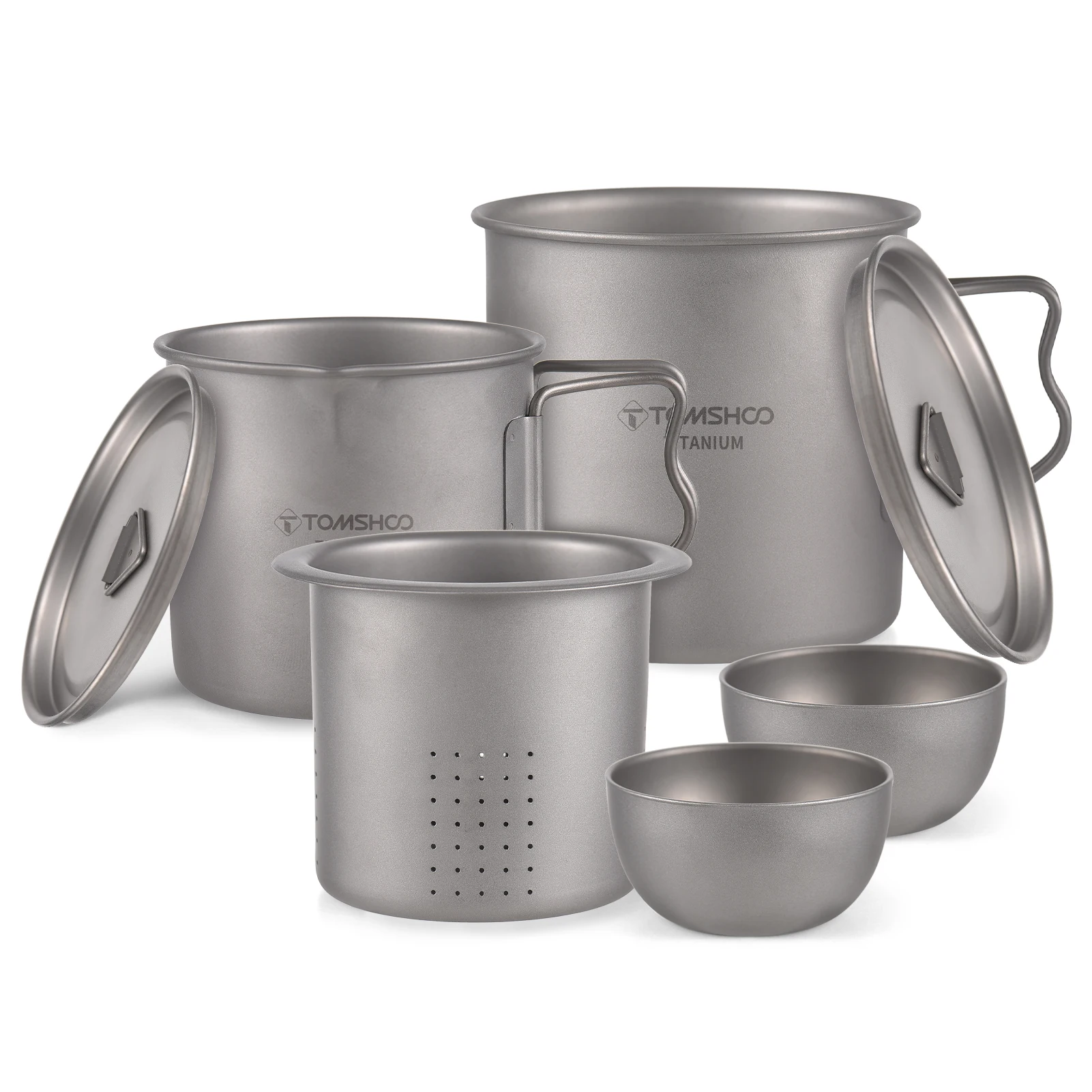 TOMSHOO Titanium Tea Cup Set with Strainer Lightweight Stackable Water Coffee Cup Mug with Lid and Foldable Handles for Outdoor