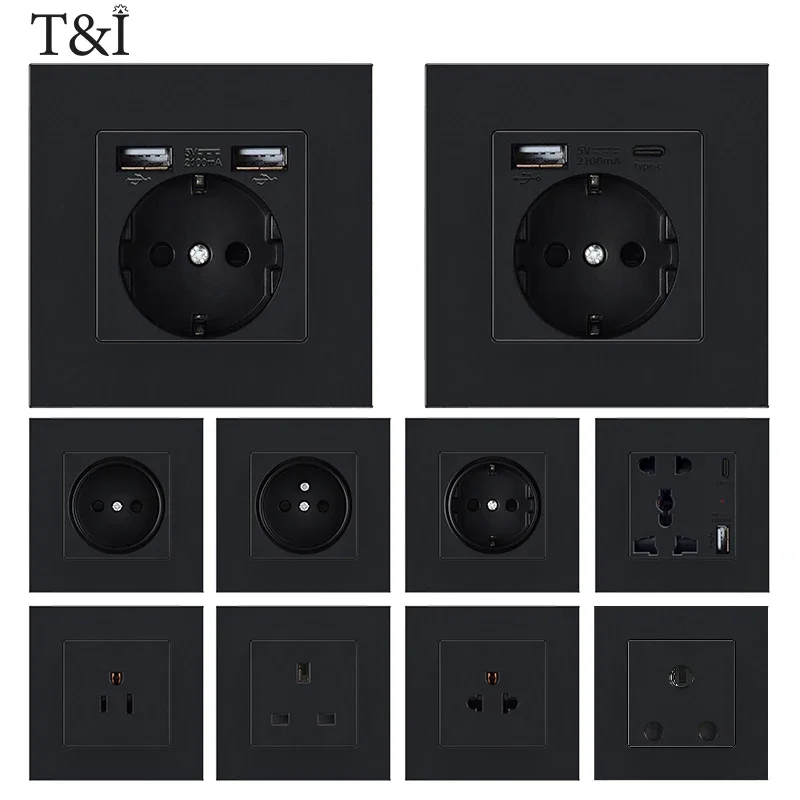 

T&I EU RU Wall Socket Plug Electrical Outlets Double 16A 250V EU Standard Power Socket Black Plastic Panel，For Home