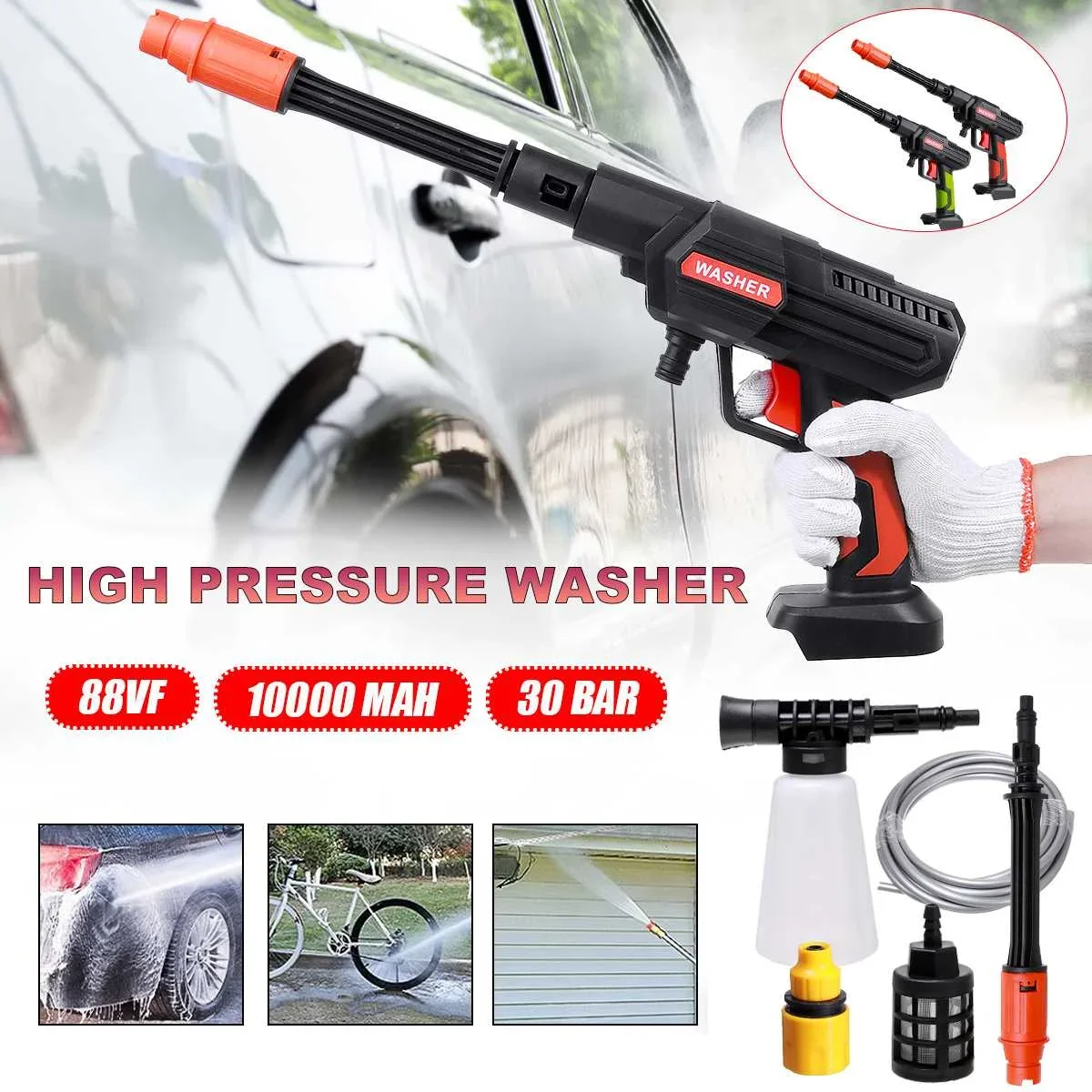 10000mAh Cordless High Pressure Washer Spray Water Gun Car Wash Pressure Water Nozzle Cleaning Machine for Makita 18V Battery