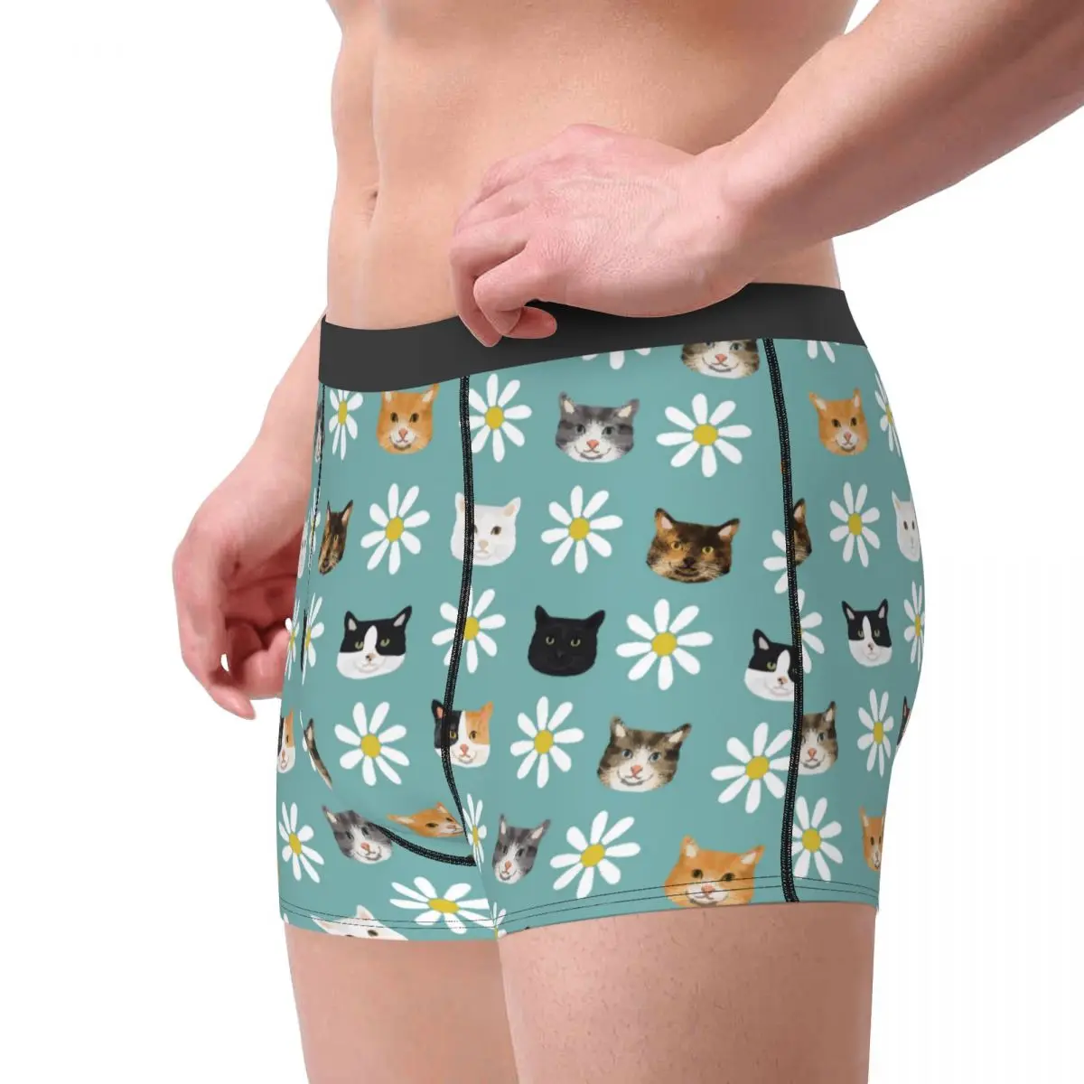 Men Cats And Daisies Underwear Animal Funny Boxer Briefs Shorts Panties Homme Soft Underpants S-XXL