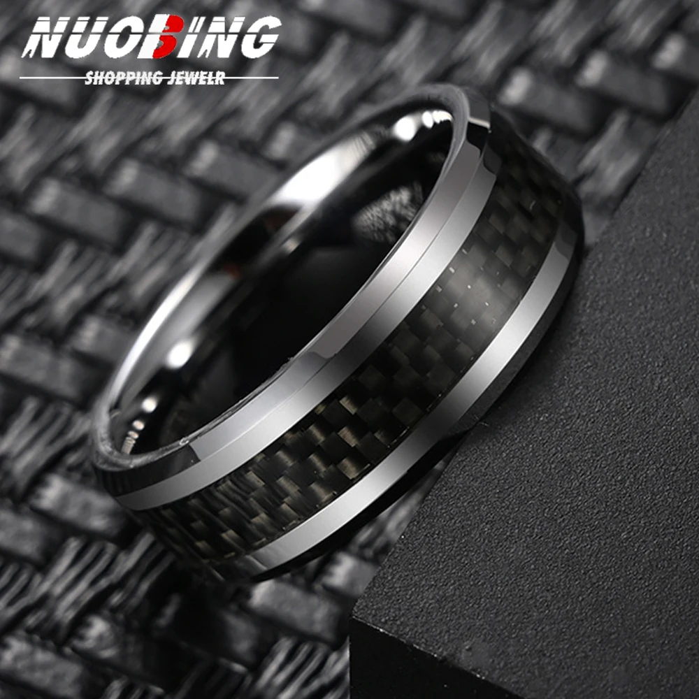 Fashion 8mm Black Carbon Fiber Tungsten Carbide Engagement Rings Wedding Jewelry Christmas Gift Accessories
