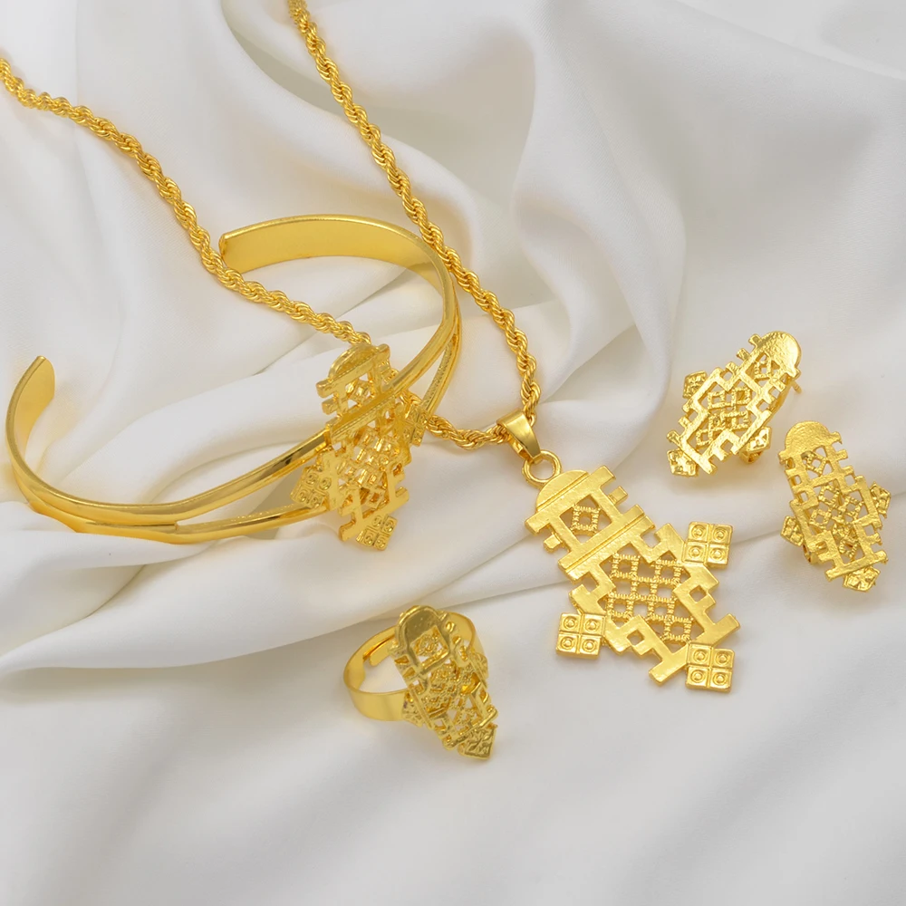 Eritrean Jewelry Set For Women Ethiopian Cross Necklaces Earrings Rings Bracelets Wedding Dowry #175116