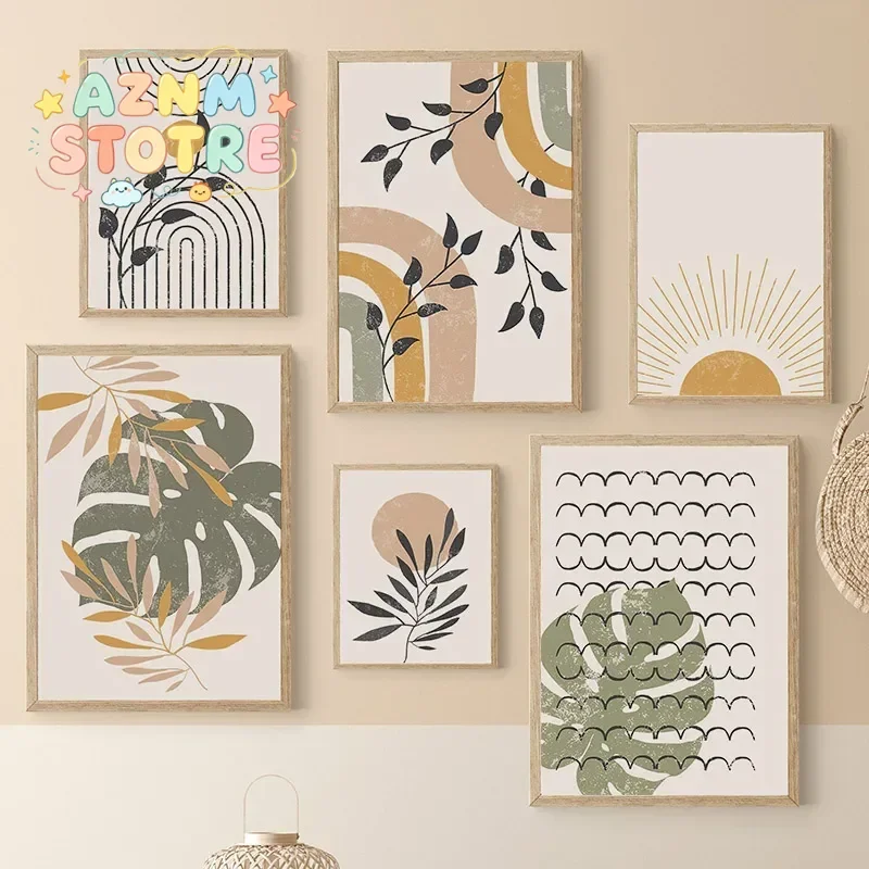 Boho Wall Art Canvas Painting Geometry Monstera Sun Rainbow Leaves Nordic Posters Prints Abstract Pictures For Living Room De