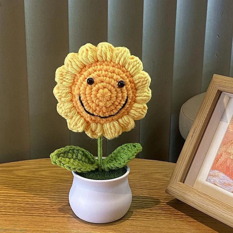 Sunflowers Girasol Crochet Flower Pots Artificial Hand Woven Flowers Finished Crochet Plant Wedding Guest Gifts Desktop Ornament