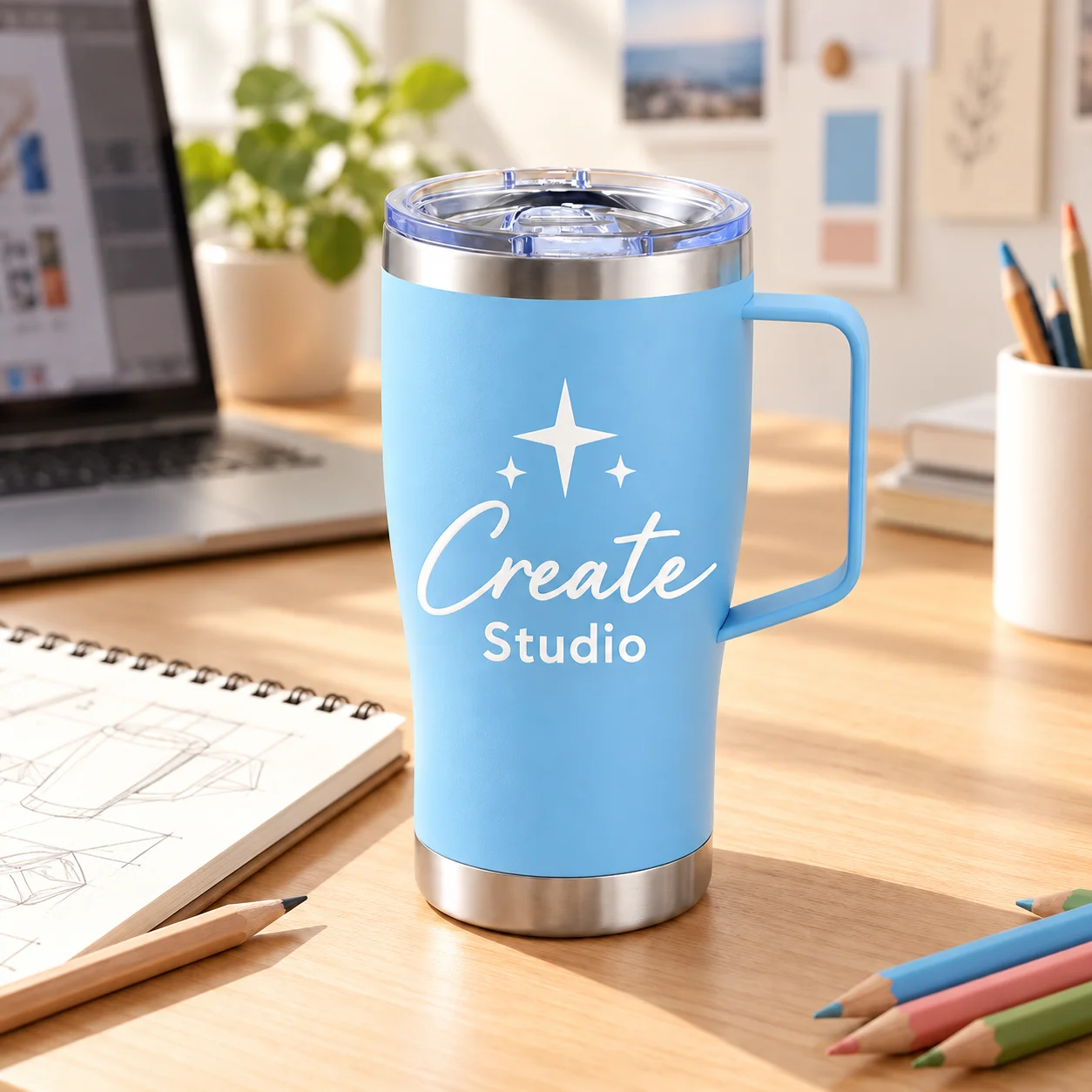 Personalized 20oz Tumbler with Handle Custom Name Logo Stainless Steel Double Wall Insulated Coffee Cup with Sliding Lid Travel