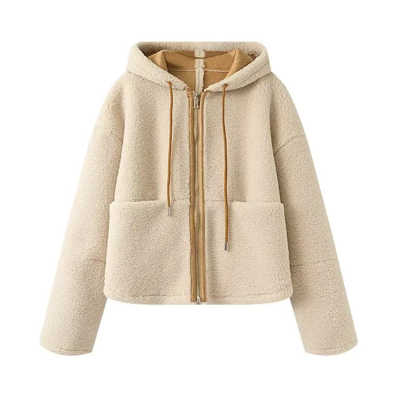 

Women's Hooded Zipper Faux Fur Jacket Short Lace-Up Plush Coat Zip-up Loose Fluffy Jackets Winter Warm Furry Overcoat with Hood