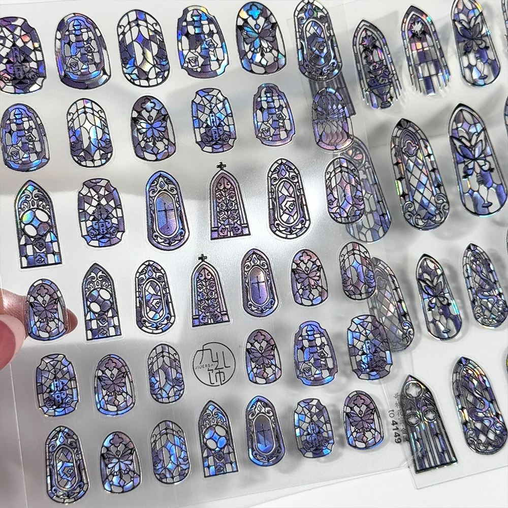 

1Pcs 5D Retro Rococo Glass Window Grille Design Nail Sticker Japanese Flower Window Frame Nail Slider Glitter Manicure Decal Dec