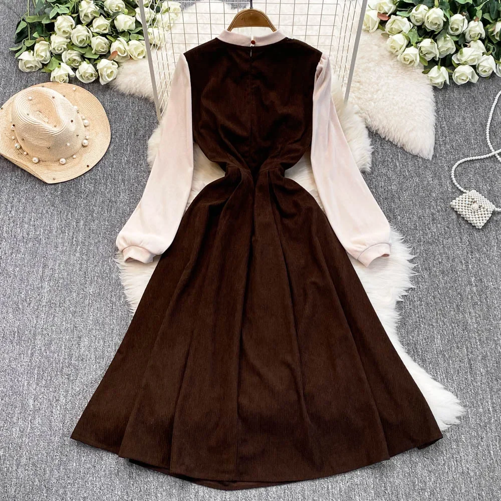 Elegante manga longa vintage o-pescoço bandagem chique emendado falso vestidos finos de duas peças francês high street inverno roupas tamanhos grandes