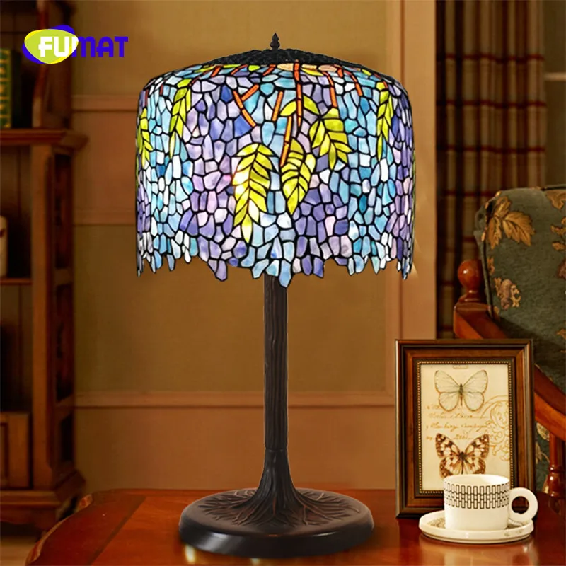 FUMAT Blue Mediterranean beautiful Wisteria Living room Table Lamp Tiffany Stained Glass Shade Creative atmosphere Study Lamp