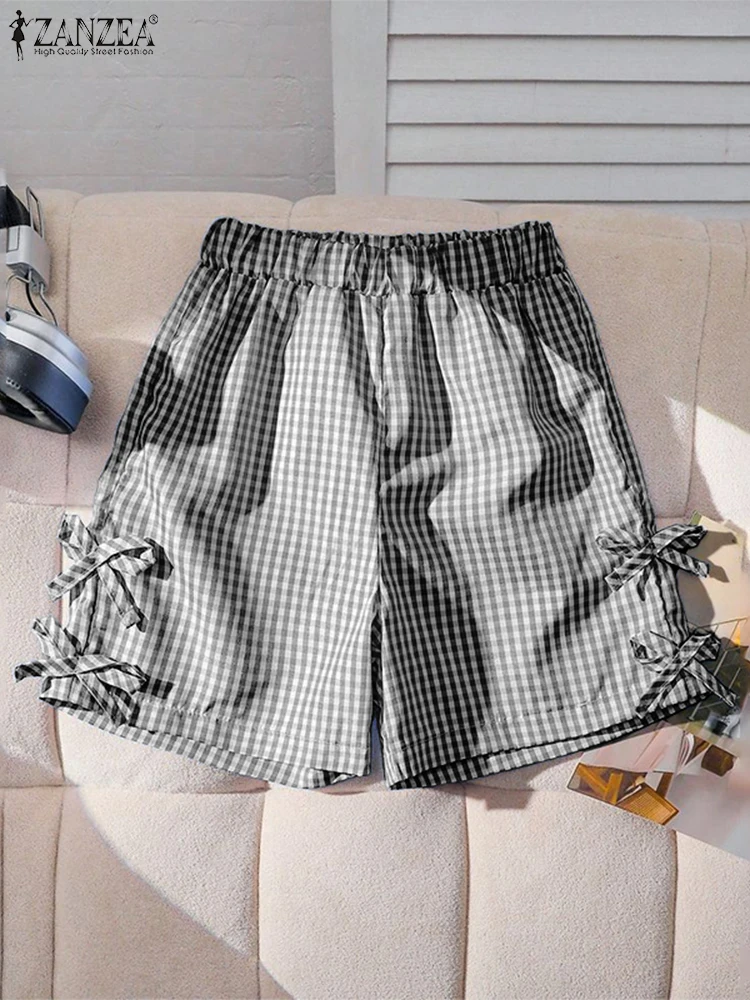 ZANZEA Dames zomershorts met strik geruite shorts Fashion Party wijde pijpen broek Korte broek Dameskleding Oversize streetwear