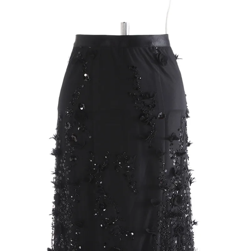 Layered High Waist Black Sequins Nailed Mesh Spliced Skirt Elegant Half-body Skirt Long Women Fashion New Spring Autumn Skirt