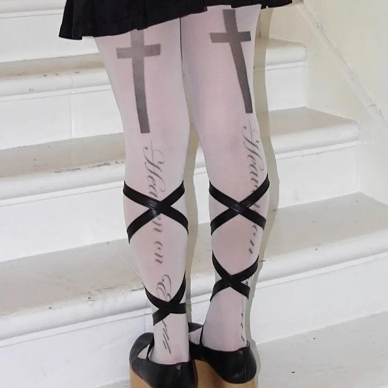

Gothic Cross Print Tights Letter Pantyhose Harajuku Women's Subculture Socks Retro Spicy Girls Vintage Punk Emo Girl Pantyhose