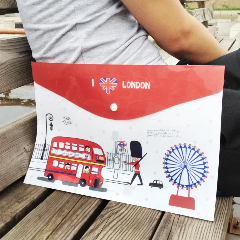 1PCs New British London Soldiers Bus Cartoon PVC Invoice Folder Pencil A4 Document File Bag E0056