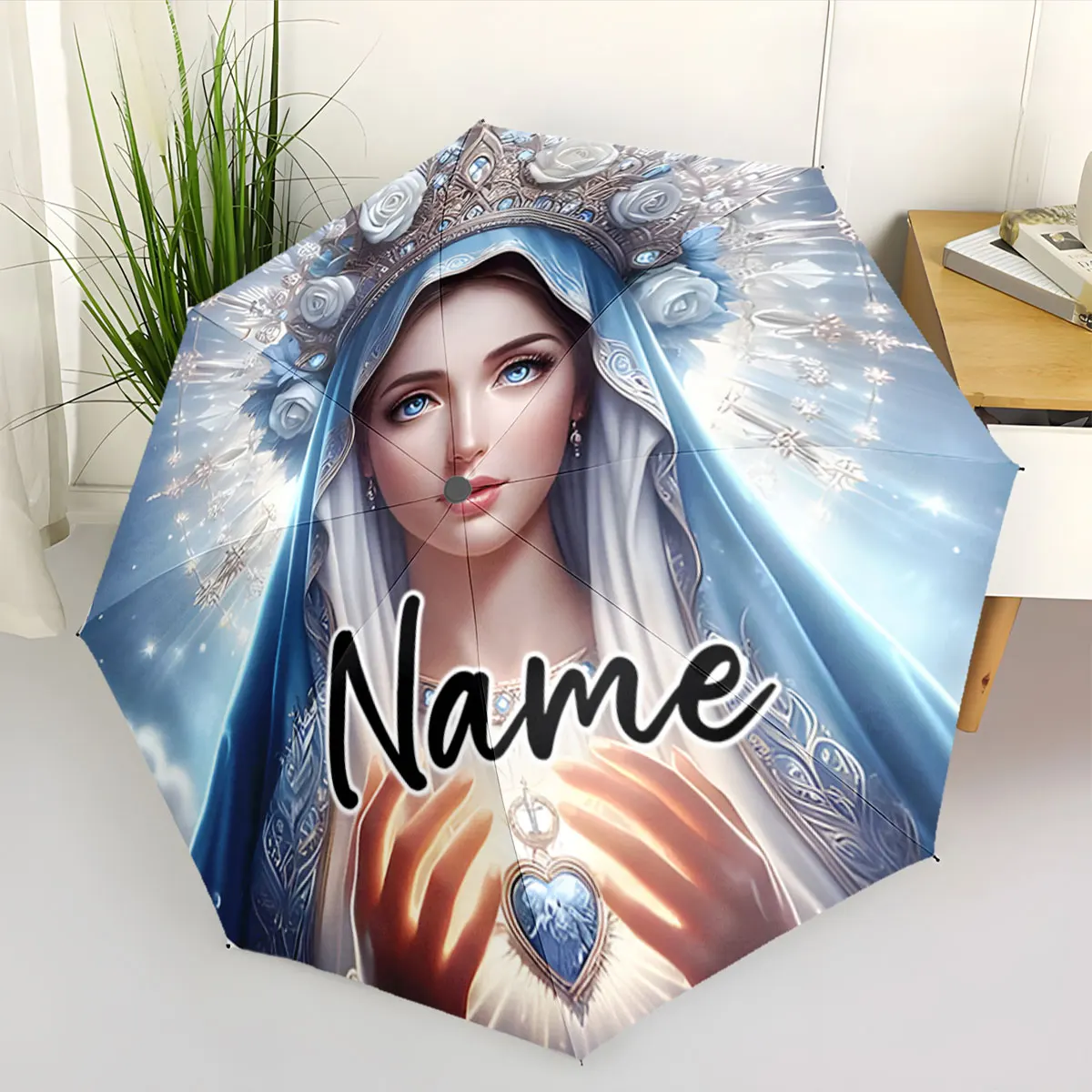 Custom Name Elegant Umbrella Featuring Angelic Artwork Design Print 8 Iron Ribs Folding Umbrella Auto-Open Fashion Sunshade