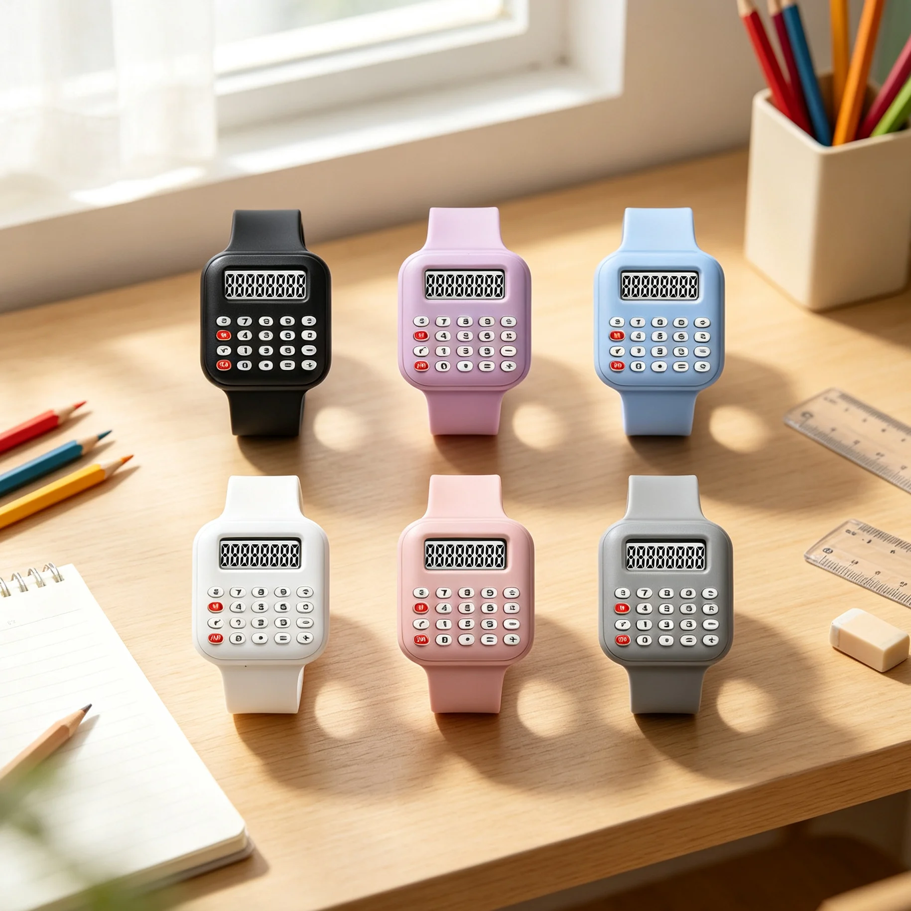 6pcs Electronic Calculator Children's Watches for Girls Rubber Strap Kids Digital Watch Kids Back to School Student Gift