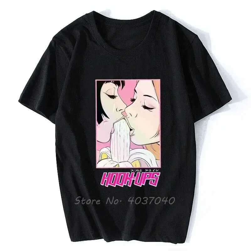 Vintage 90'S Hook Ups Style 2 Girls Eat Banana Anime T-Shirt Summer Men Cotton T