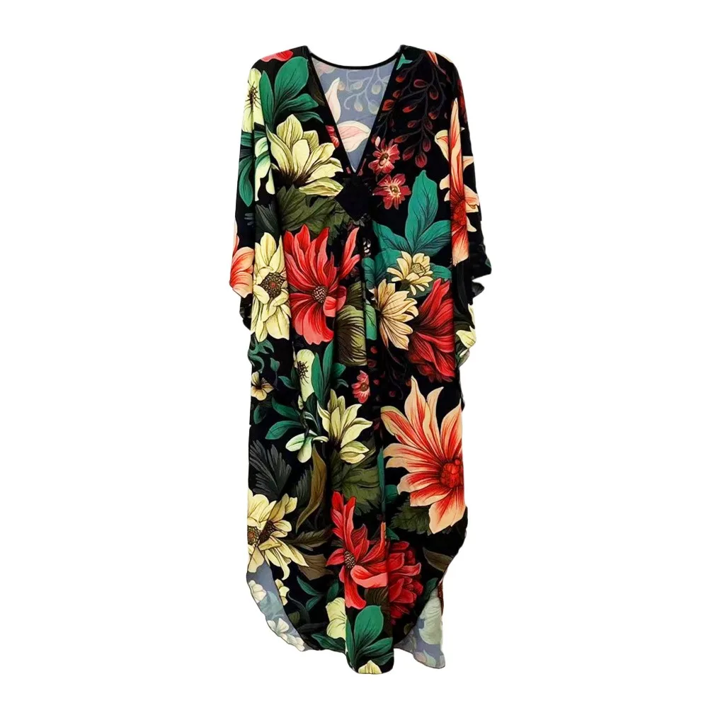 

Модная летняя пляжная туника с V-образным вырезом, свободного кроя, больших размеров, для защиты от солнца, длинное платье-накидка для женщин