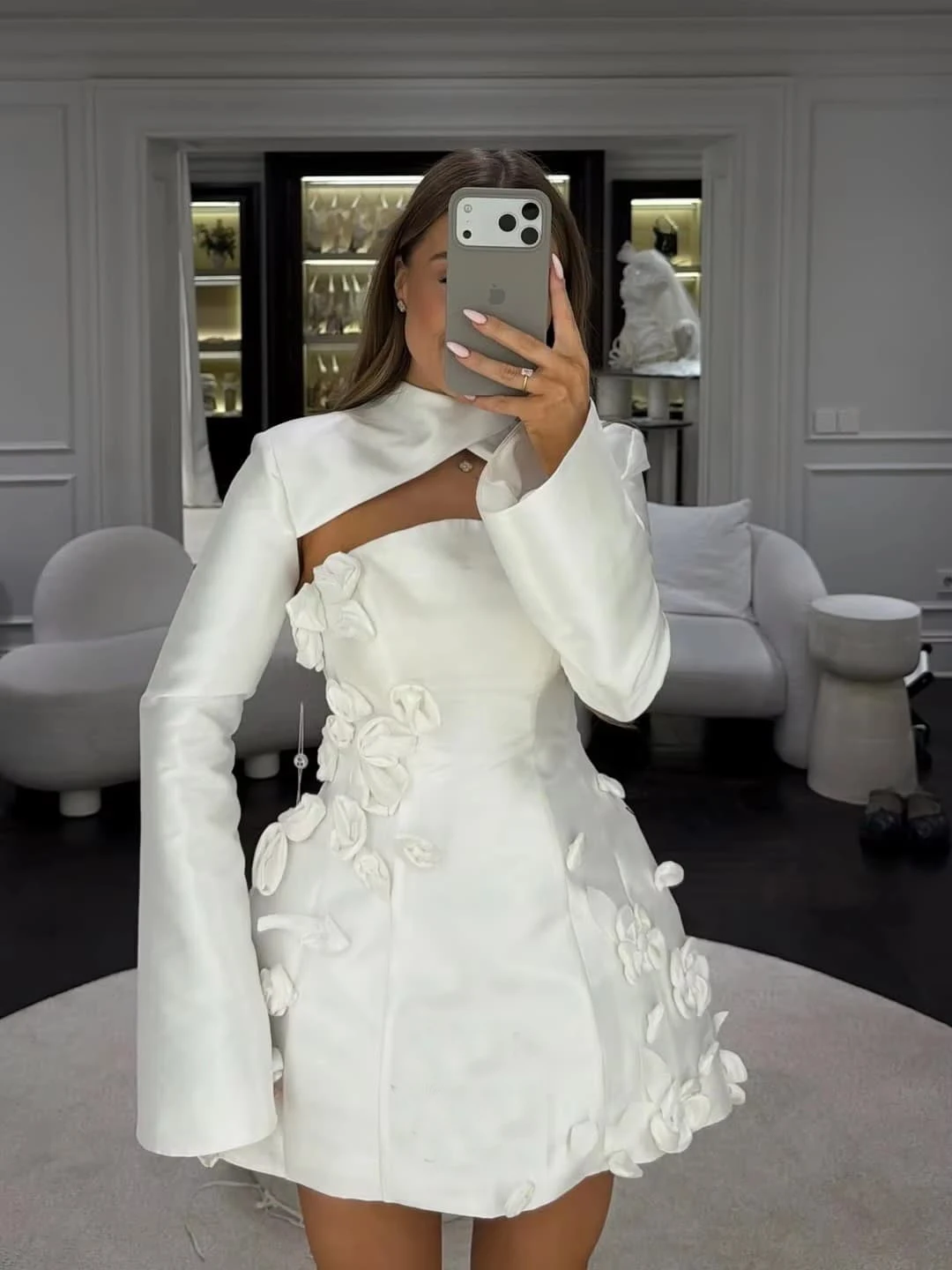 OLOEY 2026 Short Wedding Dress with Jacket Long Sleeves Ivory Satin Vestidos De Novia 3D Handmade Flowers Bridal Gown Customized