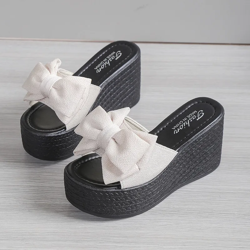 Summer Wedge Slippers Platform Flat Heel Elegant Bow Fake 2023 New Fashion Casual Open Toe Large Slippers