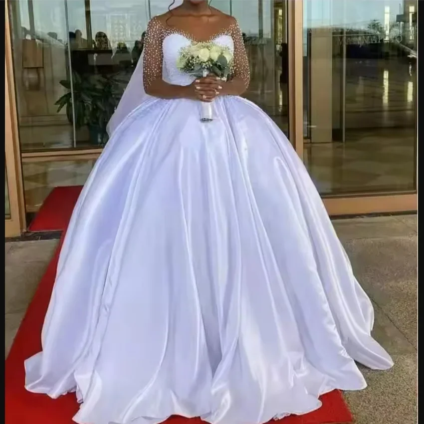 

Элегантное белое женское свадебное платье трапециевидной формы с кружевной вышивкой и бисером, сексуальное бальное платье невесты с v-образным вырезом и открытыми плечами по индивидуальному заказу