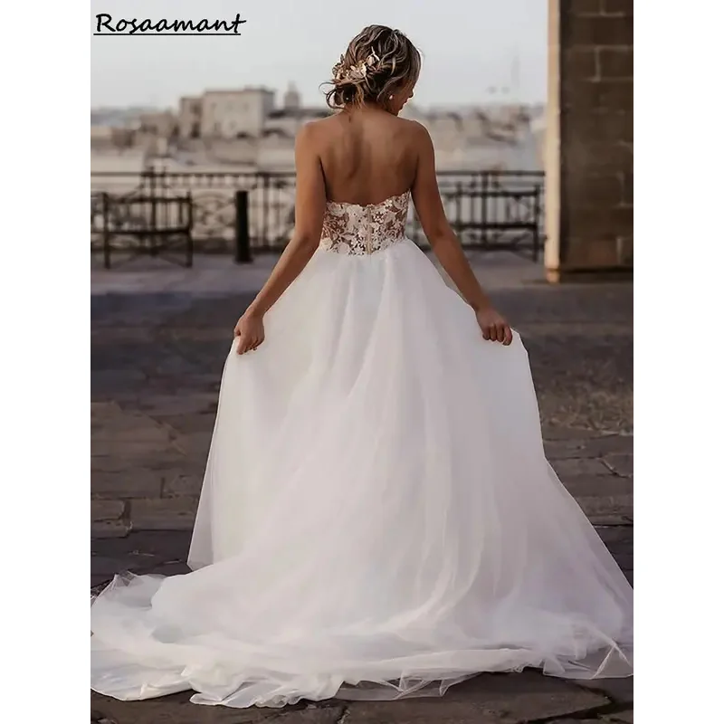Simple Sweetheart High Split A-Line Wedding Dresses Illusion Detachable Sleeve Appliques Lace Bridal Gowns Robe De Mariée