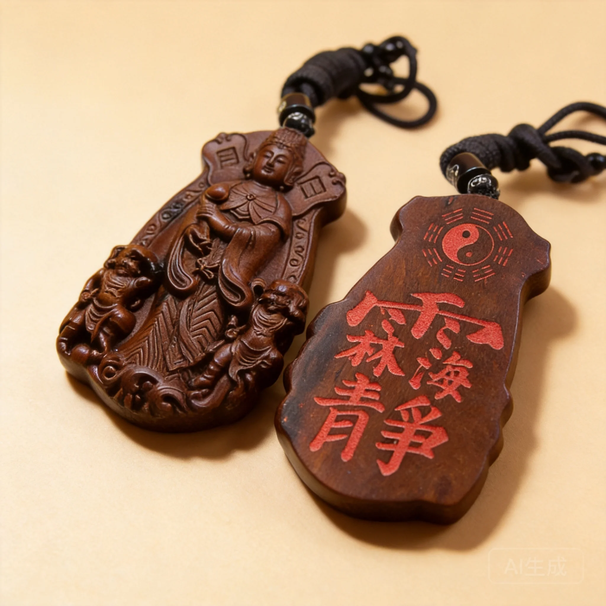 Chinese Style Double Sided Thunderstruck Jujube Wood Hand Carved Mazu Cinnabar Pendant Taoist Lucky Blessing Amulet Good Fortune