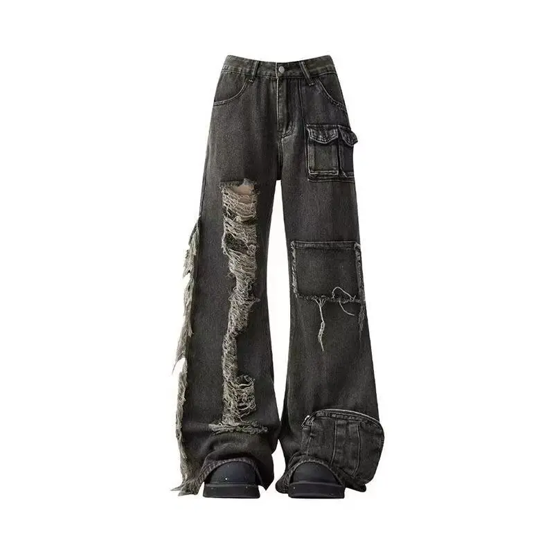 Jeans vintage americani Y2k con foro Pantaloni in denim sottocultura effetto consumato a figura intera Pantaloni stile punk retrò larghi e chic Bottone a vita media