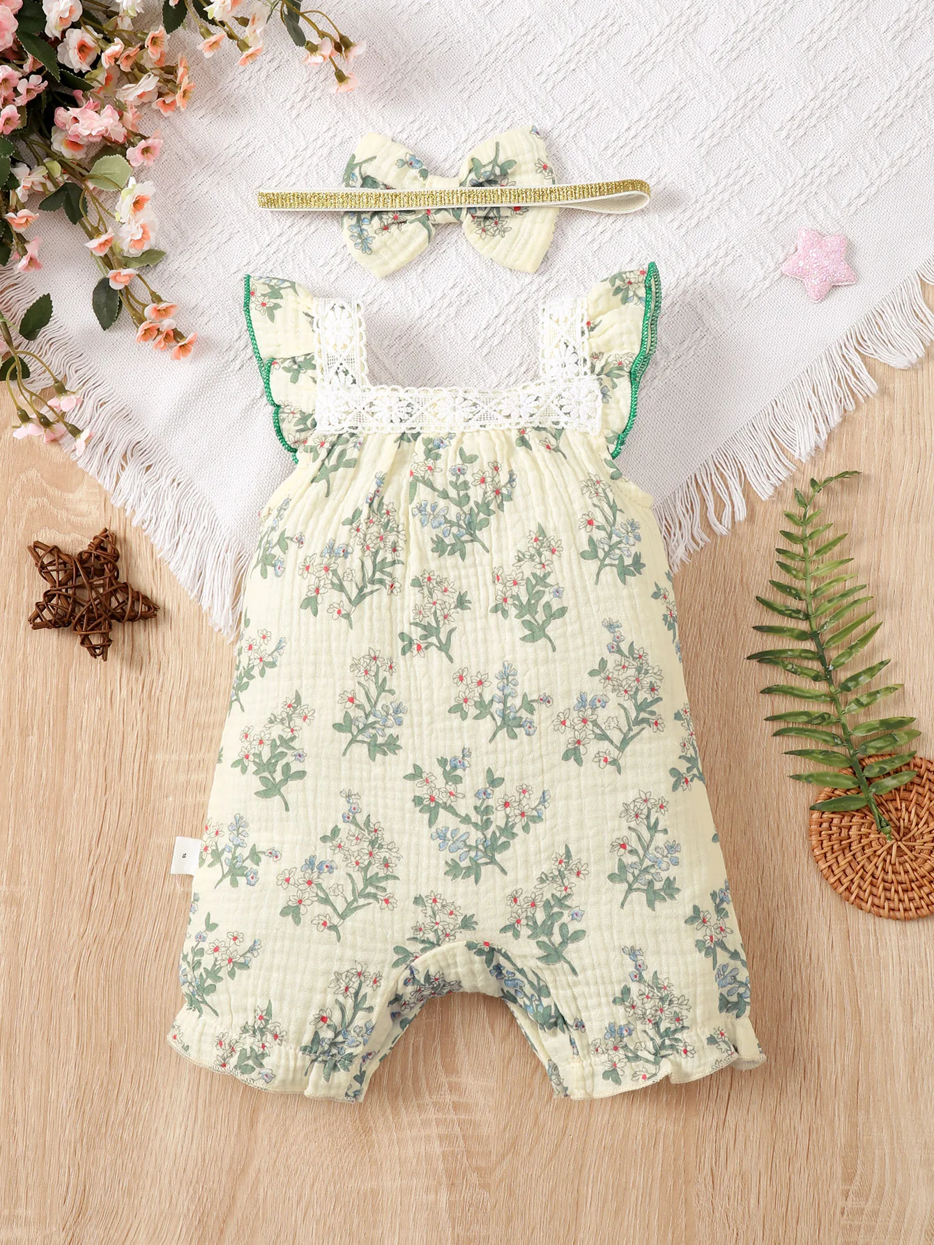 Eid Al-Adha Newborn0-18m GirlsBaby Square Collar Temperament Jumpsuit FlySleeve Light Green Plant Print Center Cardigan Jumpsuit