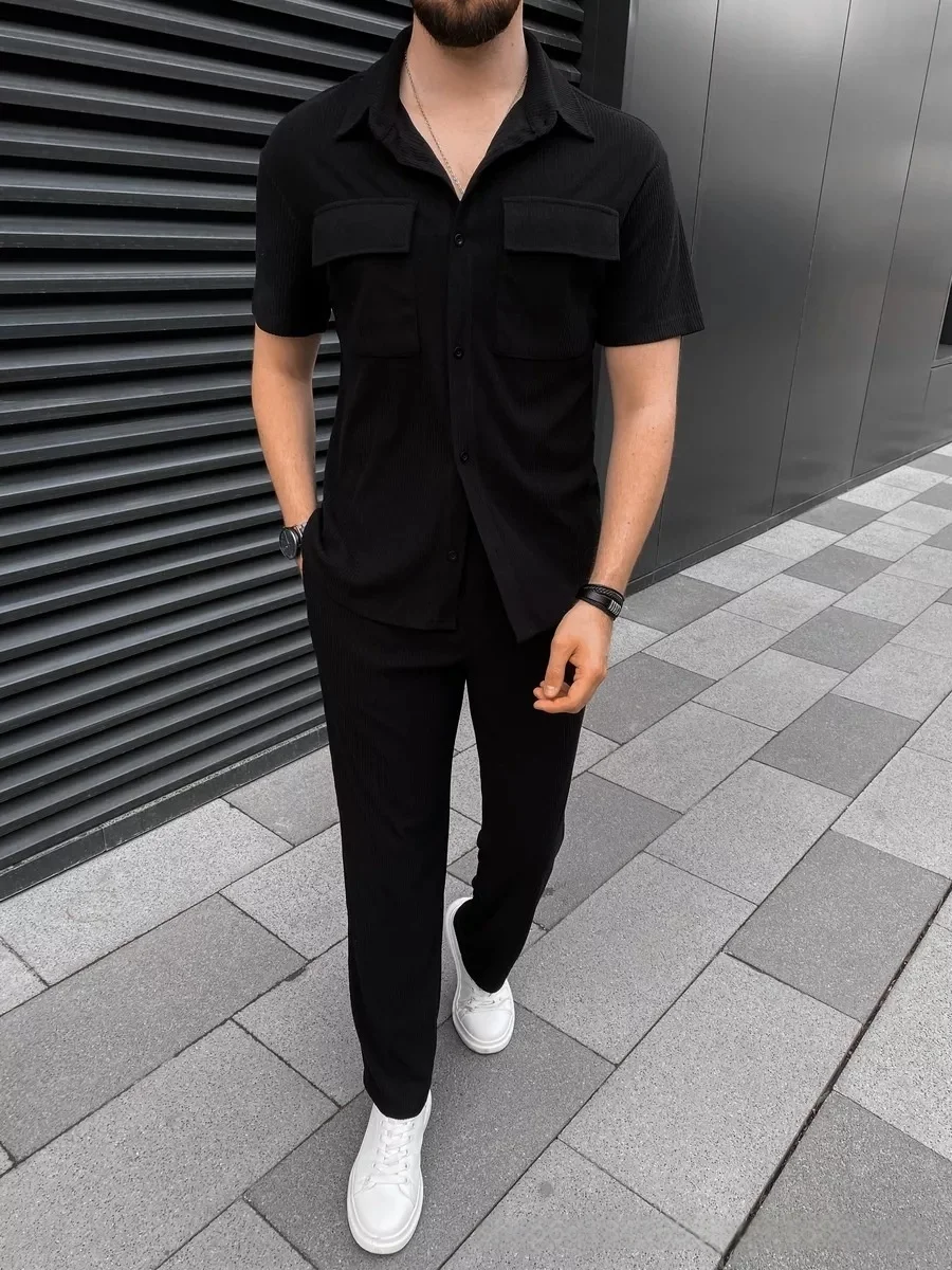 Men's Spring Summer Corduroy Short-Sleeved Shirt And Long Pants Set Casual Lapel Button Pocket Fashionable Two-Piece Outfit