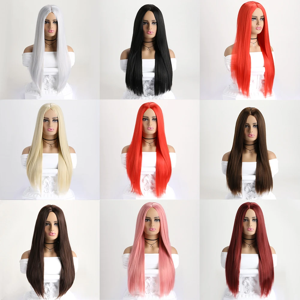 

26 Inch Long Straight Wig Mid Bangs Women Black Ombre Heat Resistant Wigs For Daily Use Cosplay Halloween Costume Party