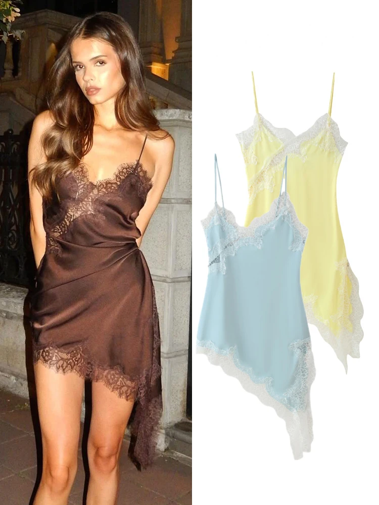 

HH Woman Summer Sexy Backless Halter Neck Collar Party Sleeveless Dress Female Chic Asymmetry Lace Decorate Slim Sling Dress