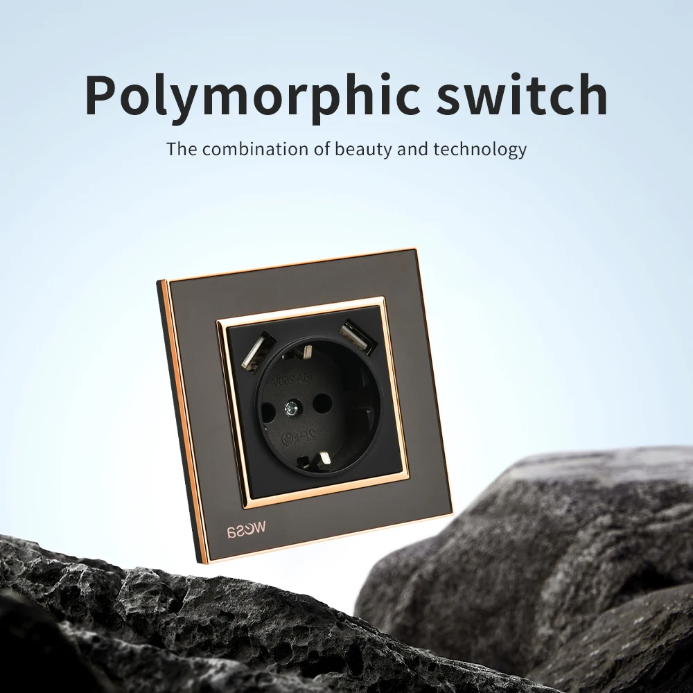 لوحة أكريليك مدمجة على الحائط كلاسيكية سوداء 250 فولت مع مقابس طاقة USB أرضية منافذ كهربائية مثبطات اللهب بمعايير الاتحاد الأوروبي 250 فولت #2