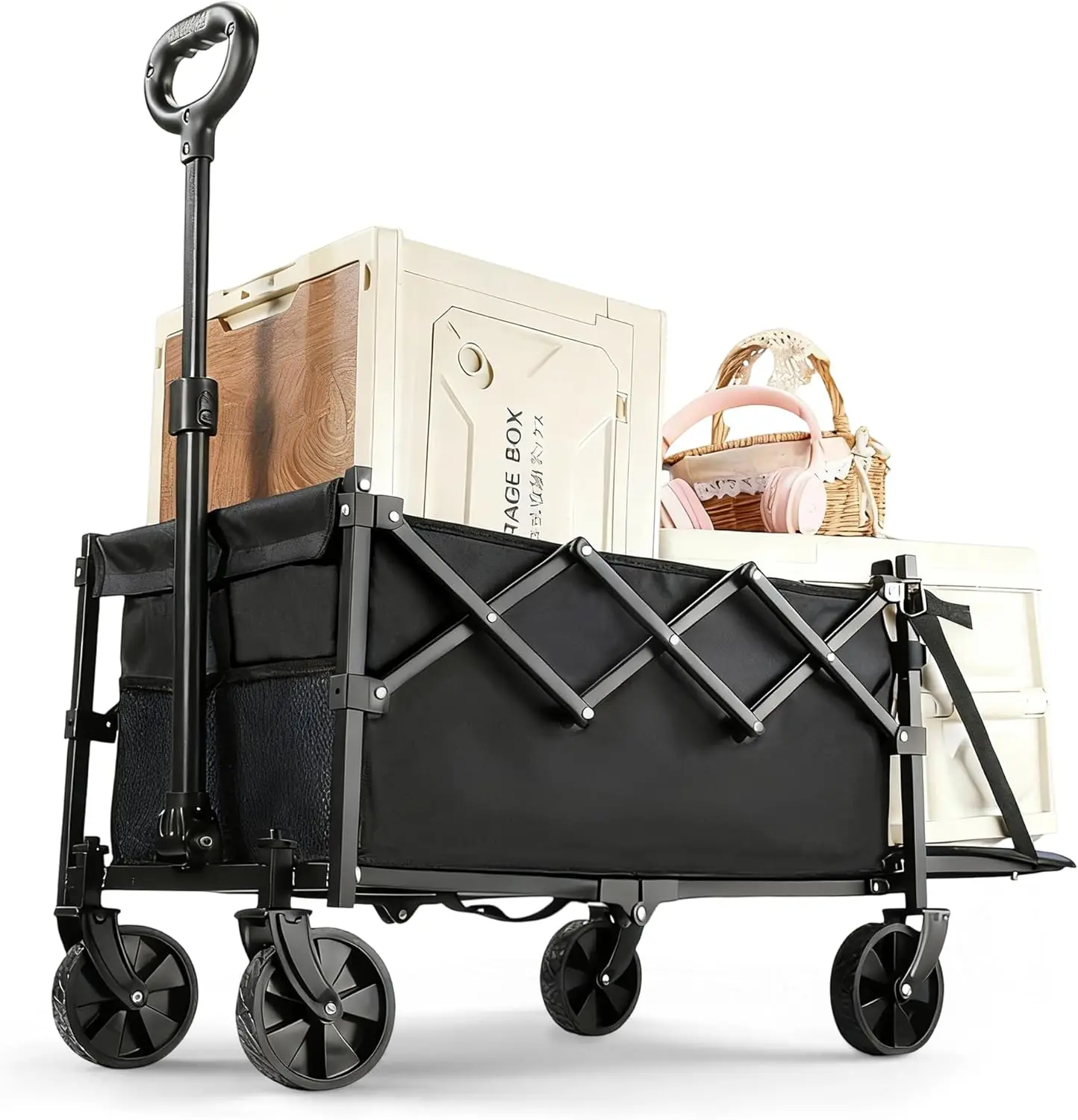 

Складная тележка повышенной прочности, грузоподъемность 350 фунтов, колеса для любой местности (пляж, кемпинг, покупки) - черная