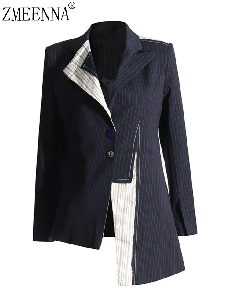 

ZMEENNA Asymmetrical Striped Patchwork Single-breasted Contrast Color Notched Women's Blazers 2024 Autumn Winter ZM168